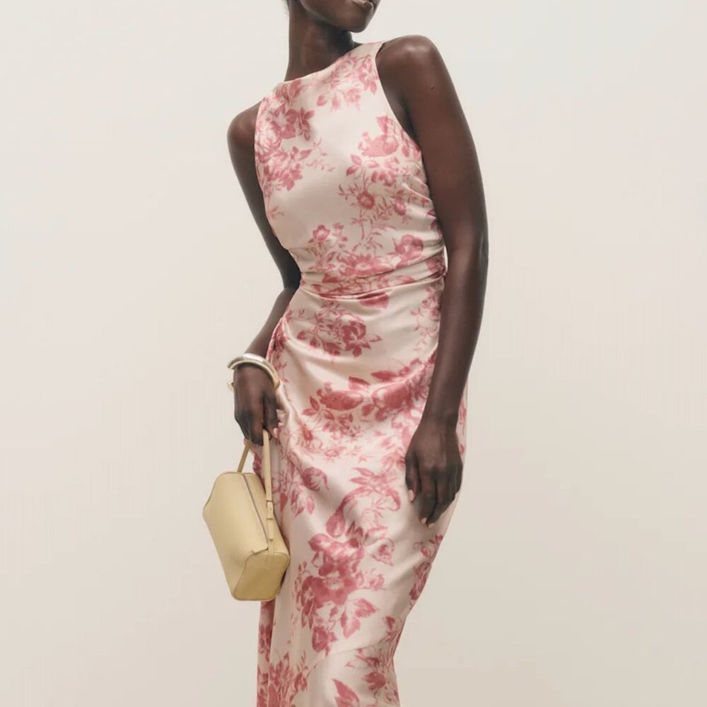 Reformation Anaiis Long Silk Dress Cameo Rose Pink Cream Floral | size 2